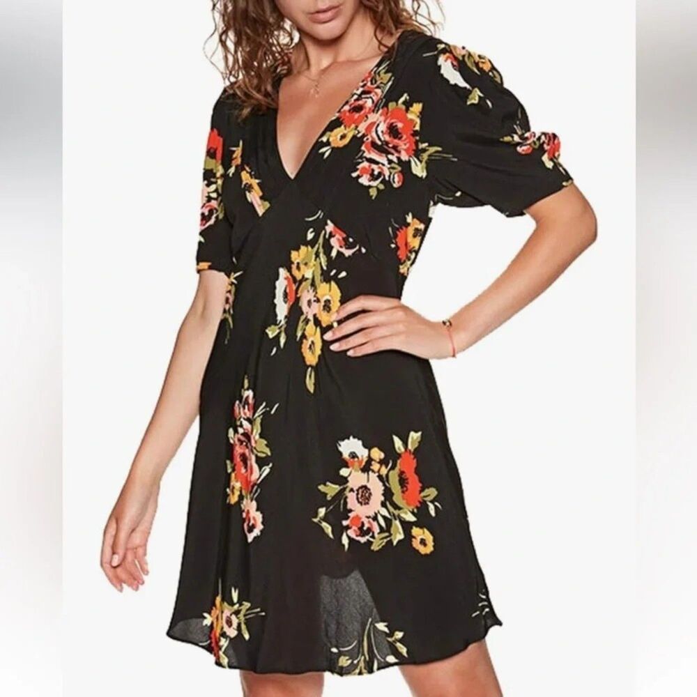 Free People Floral Print Puff Sleeves V Neck Mini Dress Black Size 2 XS